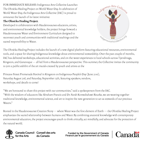 Press-Release ohneka healing project, indigenous arts collective, water, indigenous arts